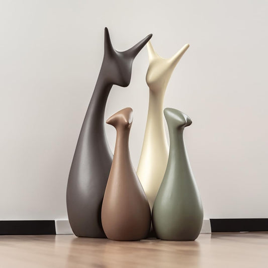 Quirtis Rustic Ceramic Deer Figurine Set - 4-Piece Decorative Home and Garden Decor